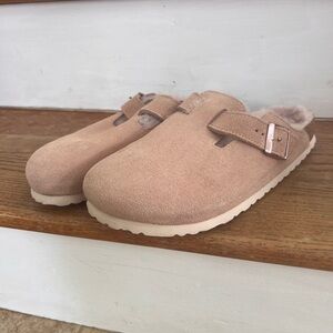 Birkenstock Boston Shearling Lined Rose Suede Mules